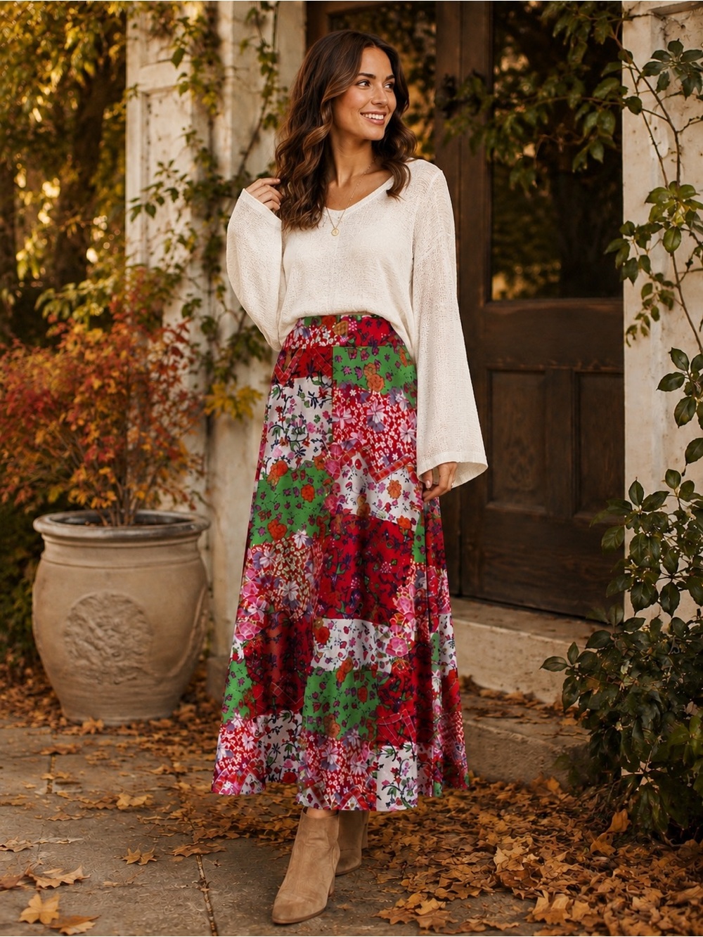Kaktus NWT Floral Patchwork Boho Maxi Skirt Size Large